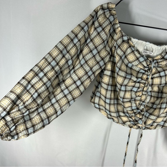 Zara Checkered Plaid Top Puff Sleeve Off Shoulder Ruched M A-16 - Picture 5 of 8